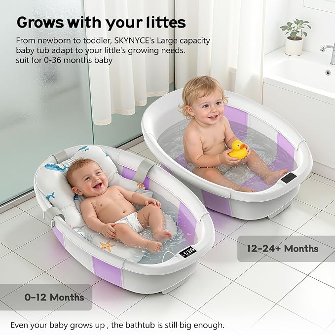 Collapsible Baby Bathtub for Newborn to Toddler 0-36 Months, Large Baby Bath Tub with Thermometer & Cushion, Easy Setup Foldable Travel Infant Bathtub, Newborn Babies Boy Girls Bath Tubs Purple Size
