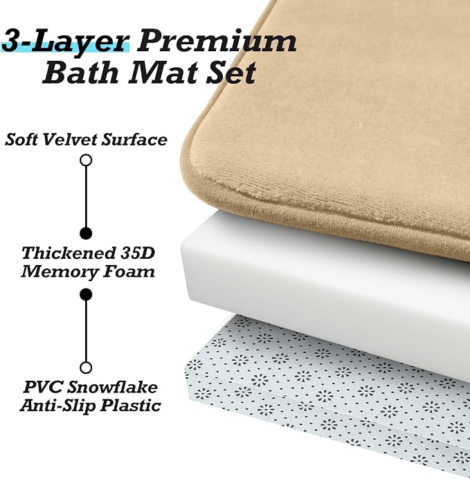 HUXMEYSON Bathroom Rugs Sets 3 Piece, Non-Slip & Quick Dry Bath Mat Set, Ultra Soft Velvet Bath Rugs for Bathroom, Toilet and Shower Floor, Khaki