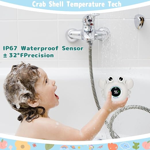 Baby Bathtub Thermometer with LED Display Screen+Grey Crab toy-2-in-1 | Color Coded Alarm (Cold/Comfortable/hot) Bath Temperature Monitor, Adorable Floating Toys for Infants, Essential for Babies