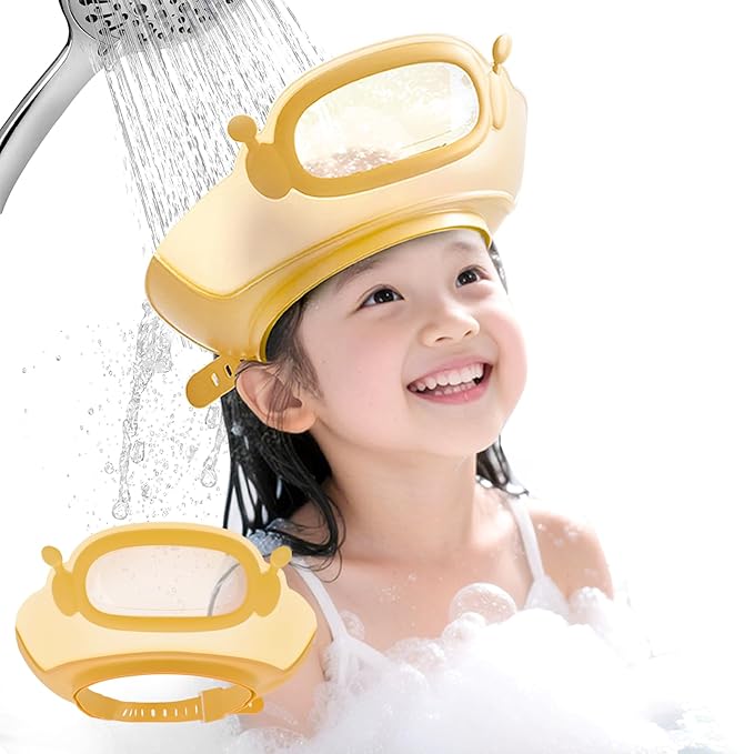 FUNUPUP Baby Shower Cap Toddler Hair Washing Shield Adjustable Bath Visor for Kids Shampoo Hat with Eyes Ears Cover 1-15 Years Boys Girls Essentials for Bath Time, Yellow