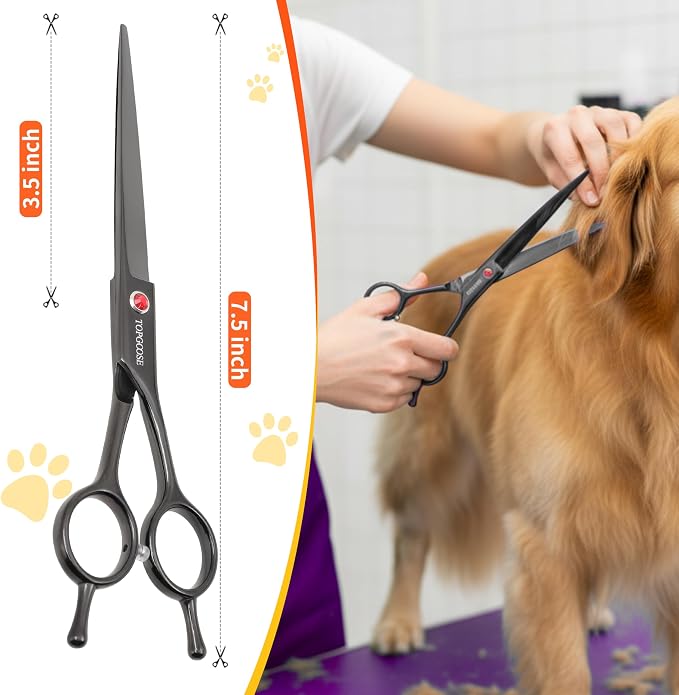 7.5'' Dog Straight Scissors for Grooming 440C Stainless Steel Professional Pet Trimming Scissors Sharp Blades Cutting for Dogs and Cats Shears (Straight, Black)