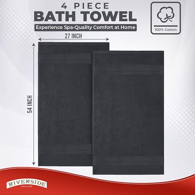 RIVERSIDE 100% Ring Spun Cotton Large Bath Towels Set of 4, 27 x 54 – Quick Dry, Soft & Highly Absorbent Towels for Shower & Bathroom – Luxury 600 GSM Towels for Home, Spa, Gym, Hotel, (Charcoal Gray)