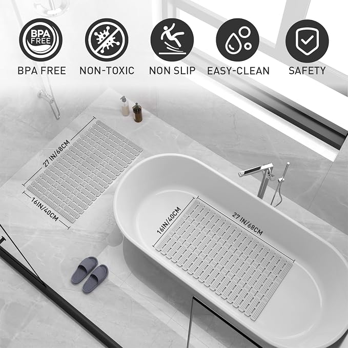 XIYUNTE Shower Mat Non Slip Bath Mat for Tub - 27 X 16 Inch TPE Bathtub Mat Non Slip Shower Mats for Inside Shower, Bath Tub Mat with Powerful Suction Cup, Easy to Cut and Dry, Light Grey