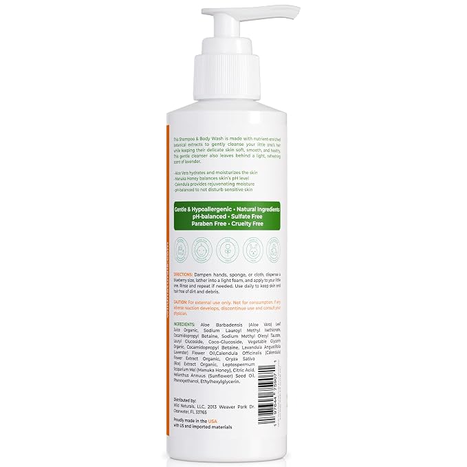 Wild Naturals Baby Eczema Shampoo & Body Wash, Gentle Eczema Body Wash for Kids with Aloe, Calendula & Manuka Honey, Tear-Free, Hypoallergenic, Natural Formula for Dry, Sensitive Skin, 8 fl oz