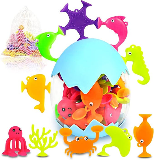 Suction Bath Toys for Kids, 18 Pcs Ocean Animal Suction Cup Toys with Eggshell & Bag, No Hole Mold Free Bath Toy, Sensory Window Building Toys for Toddlers Boys Girls 3 4 5 6 Year Old