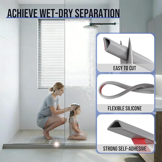 Shower Threshold Water Dam Guard- (39 Inch) Collapsible Silicone Barrier for Walk-in Showers - Self-Adhesive Bathroom Floor Water Stopper for Wet/Dry Separation - Grey