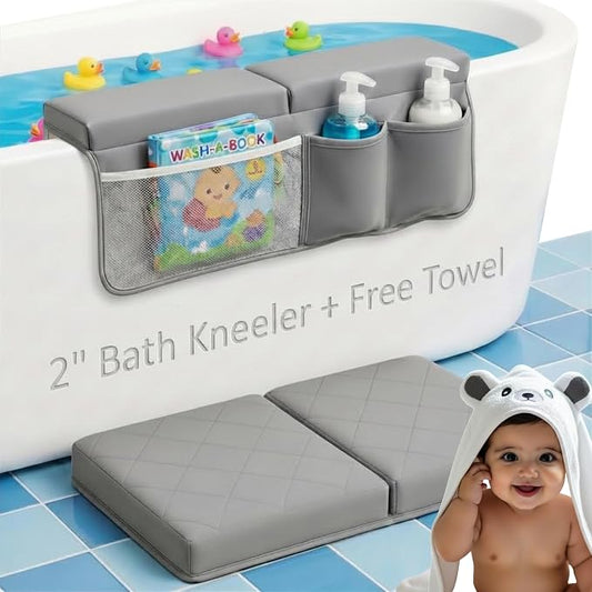 2inch Extra Thick Baby Bath Kneeler and Elbow Rest Pad Set + Hooded Towel | Embroidered Design Kneeling Pad for Bathing Baby | Dual-Layer Memory Foam Bathtub Kneeler and Elbow Rest Set