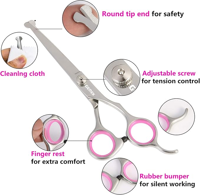 Dog Grooming Scissors Set, 4CR Stainless Steel Safety Round Tip Pet Professional Grooming Tool 5 Pieces Kit - Straight, Curved, Thinning Shears & Comb for Dogs, Cats and Other Animals