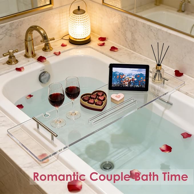 Bathtub Tray, Bath Tray for Tub, Acrylic Bath Caddy Tray for Bathtub, for Tub Luxury Spa with Tablet Slots and Wine Glass Hole, Bathroom Accessories for Decorative Bathtubs (31.5 * 9.45in)