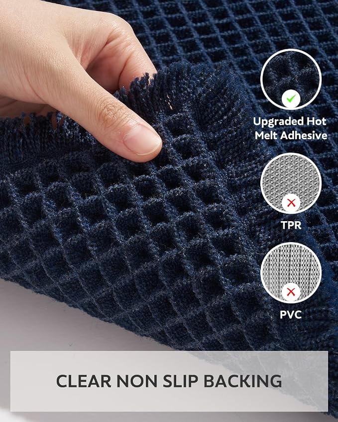 tchdio Waffle Bath Mat-Runner Rug, Super Absorbent Non Slip Bath Mats for Bathroom Machine Washable Long Rugs with Tassels, Bath Rugs for Bathroom Floor Beside Tub, 2' x 6'(24" x 72"), Navy Blue
