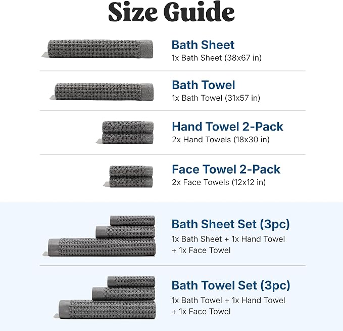 ONSEN Supima® Waffle Bath Sheet Set, Quick Dry Lint Free 100% USA Cotton, Large Bath Sheet Hand and Face Towel Bundle, 3 Piece (Cinder Grey, Bath Sheet Set)