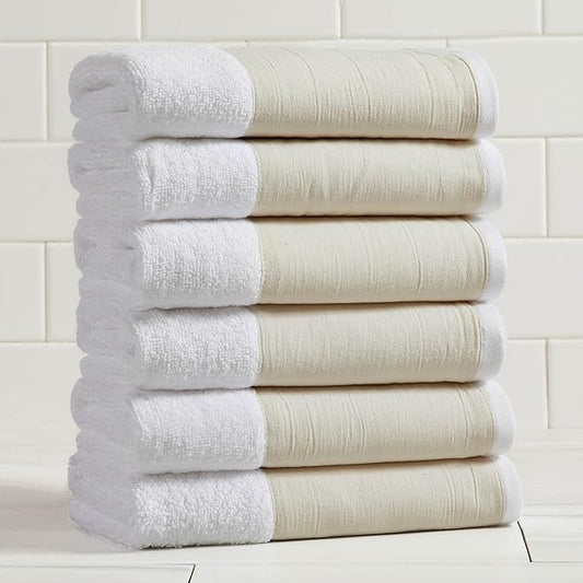 Great Bay Home White Bath Towel Set - Ultra-Soft 100% Cotton, Linen Like Border Design - 6 Hand Towels (28" x 16") - Absorbent, Quick-Dry, Lightweight Bathroom Towels