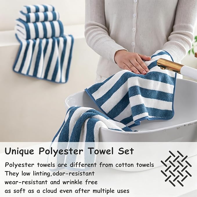 18 Pcs Navy Stripe Bath Towel Set with Hanging Loop-6 Bath Towels,6 Hand Towels,6 Washcloths Soft Family Towels Set Bathroom Towel Highly Absorbent Quick Dry Shower Towel for Beach Spa Gym Hotel