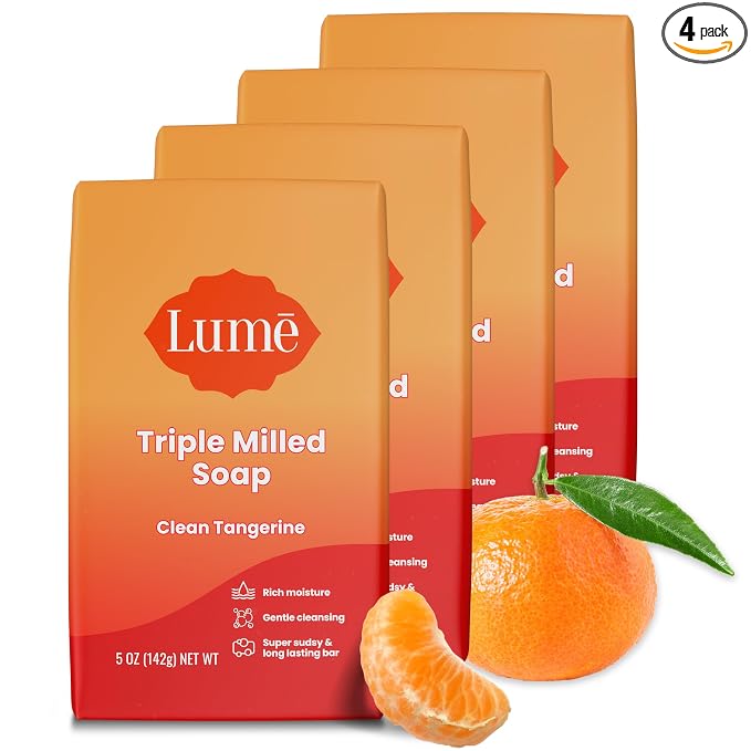 Lume Triple Milled Bar Soap - Rich Moisture & Gentle Cleansing - Paraben Free, Phthalate Free, Skin Safe - 5 ounce (Pack of 4) (Clean Tangerine)