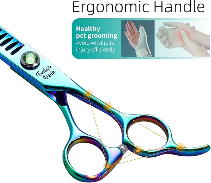 7.5'' Green Chunker Dog Grooming Scissors Pet Shears with Ergonomic Offest Handle and Simulated Emerald Screw 440C Grooming Scissors Trimming Shears Durable and Sharp