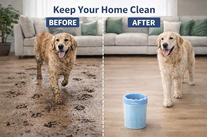 ROSLI Dog Paw Clianer Cup - Portable Pet Paw Washer for Dogs - Deep Cleaning Mud & Dirt - Silicone Brush - Easy to Use & Wash (Blue, Large) (Blue, Large)