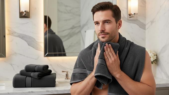 Luxury Bath Towels Set-100% Cotton- 2 Bath, 2 Hand & 2 Washcloths- Large, Thick, Fluffy, Absorbent, Quick Dry, Soft, Plush -Gift, Hotel, Gym Towel -6 Piece Luxury Bathroom Towels -Charcoal /Dark Grey