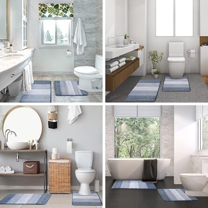 2 Piece Ombre Bath Mat Set for Bathroom, Non Slip Ultra Soft and Thick Water Absorbent Bath Carpet, Machine Washable & Quick Dry Bathroom Rug, for Bedroom Door Living Room Blue