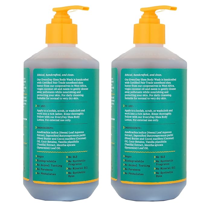 Alaffia Body Wash, Everyday Shea, Vanilla Mint 2-Pack – Gentle Skin Cleanser, Shower Gel for Normal to Very Dry Skin, 16 Oz Ea