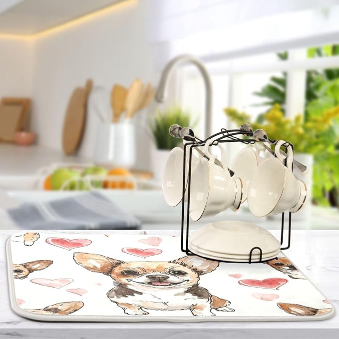 Chihuahua Dog Heart Absorbent Dish Drying Mat, Dishes Drainer Protector Pad Pot Holder for Kitchen 18 x 24 Inch