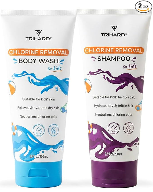 TRIHARD Kids Chlorine Removal Kit, Shampoo, Face and Body Wash Set for Children’s Hair and Skin, Gentle Post-Swim Cleanser for Pool & Ocean