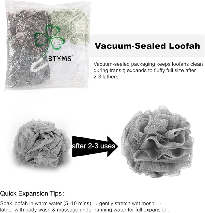 BTYMS Large Loofah Bath Sponge 75g/Pc, Exfoliating Body Scrubber Shower Scrunchies Mesh Pouf - Pack of 4
