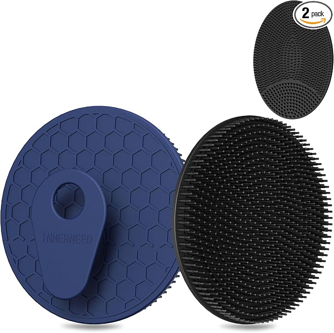 INNERNEED Food Grade Silicone Body Scrubber Gentle Exfoliating Brush for Women Men Deep Clean for All Skin Types, More Hygienic and Well Lather (Black+Dark Blue)