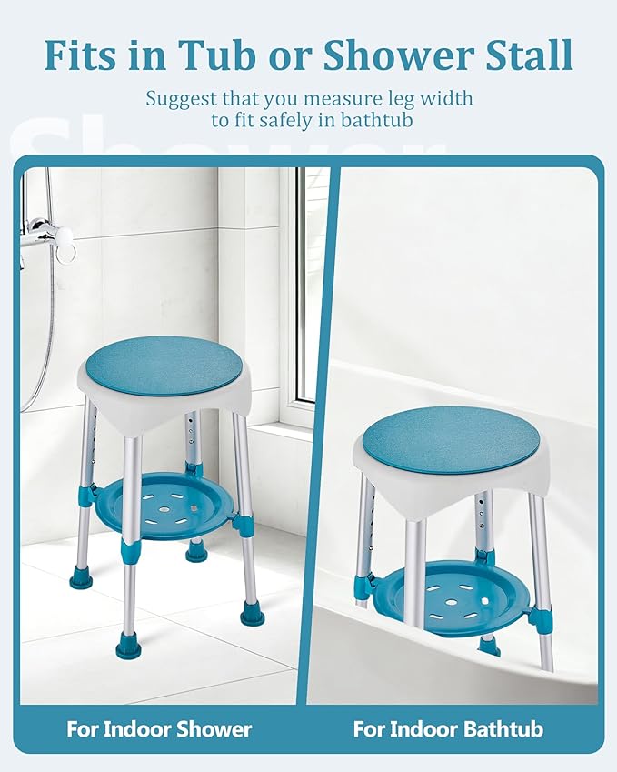 Shower Stool for Inside Shower, Lightweight Compact Shower Chair for Bathtub with Storage Tray, Height Adjustable 360° Swivel Small Shower Chair for Seniors and Adults (Green)