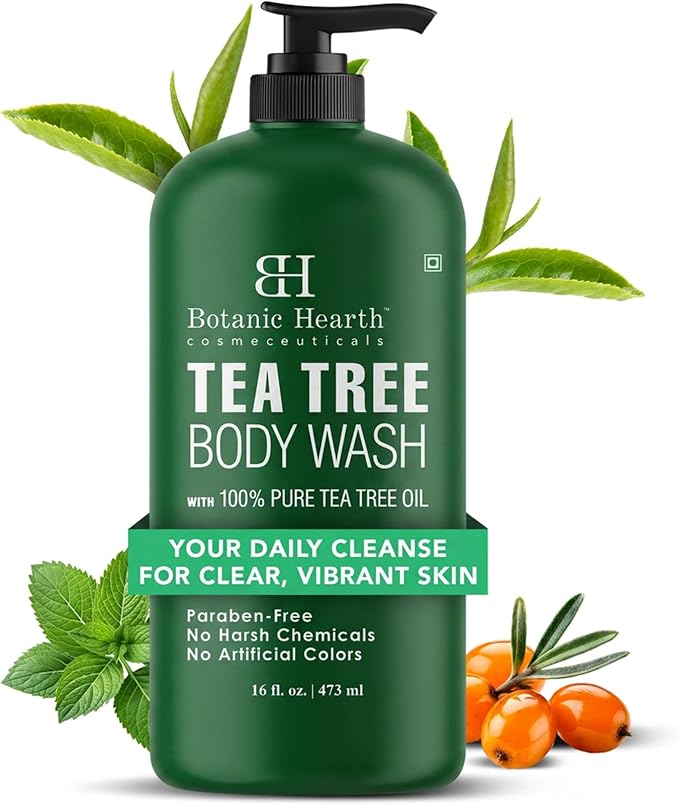 Botanic Hearth Tea Tree Body Wash, 16 Fl Oz (473 ml) | Enriched With Tea Tree Oil, Peppermint & Sea Buckthorn | Gently Cleanses, Refreshes & Nourishes Skin | Sulfate & Paraben Free | For Men & Women