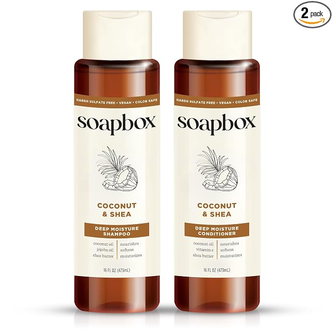 Soapbox Coconut & Shea Shampoo & Conditioner Set, For Dry, Damaged Hair - Nourishes & Moisturizes Hair - Clean Ingredients Free of Harsh Chemicals, Sulfates, Parabens & Silicones - 16 oz Each