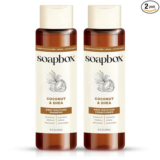 Soapbox Coconut & Shea Shampoo & Conditioner Set, For Dry, Damaged Hair - Nourishes & Moisturizes Hair - Clean Ingredients Free of Harsh Chemicals, Sulfates, Parabens & Silicones - 16 oz Each