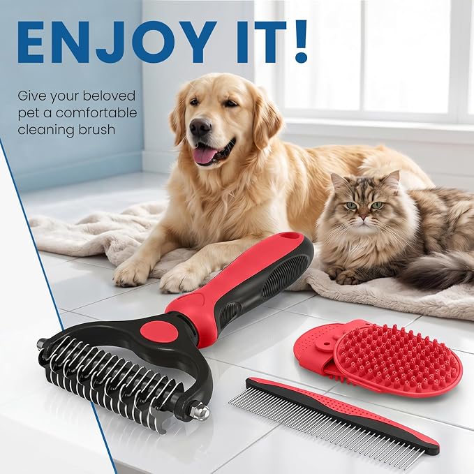 Double-Sided Pet Grooming Rake - 4-in-1 Professional Pet Grooming Kit Deshedding Dematting Tool for Dogs Cats Extra-Wide Grooming Brush & Deshedder Comb for Long & Short Haired Pets (Red Kit 4PCS)