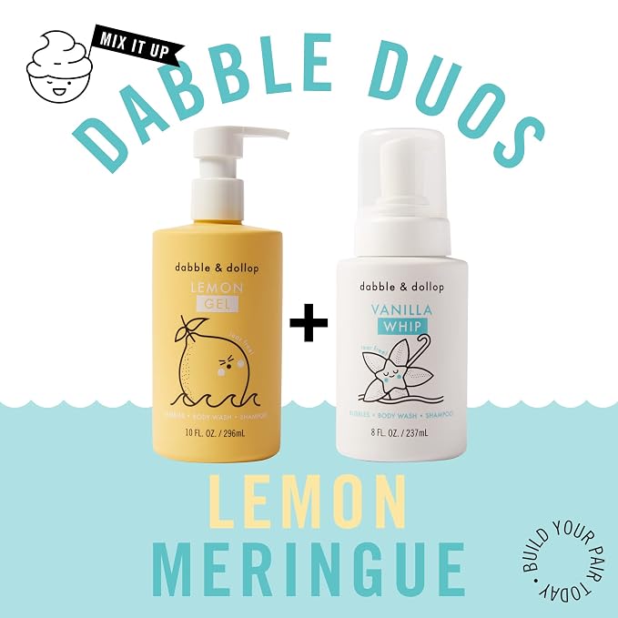 Dabble & Dollop Lemon + Vanilla Kids 3-in-1 Body Wash, Shampoo & Bubble Bath Bundle – Gel + Foam Whip Set, Tear-Free, Gentle, Natural-Origin, Hypoallergenic and Safe for Sensitive Skin (Pack of 2)