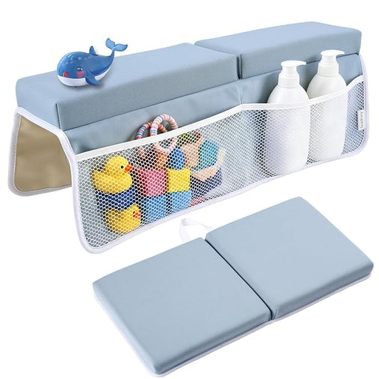 Bath Kneeler and Elbow Rest Pad Set, Blue 1.6" Thick Comfortable Kneeling Cushion with Organizer Pockets - Quick Drying, Foldable, Non-Slip for Bathing Time