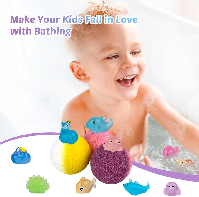 Bath Bombs for Kids, 12 Pcs Bath Bombs with Glow in The Dark Ocean Surprise Inside, Handmade Organic Bubble Bath Ball Gift Set for Boys and Girls, Gift for Birthday Christmas Easter
