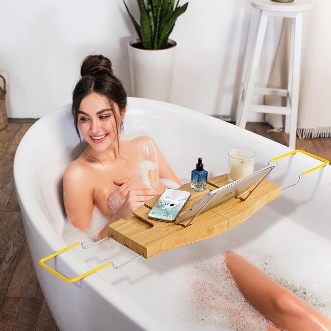 Dreamland Bamboo Bathtub Tray Caddy | Light bamboo material, cross tub design, bathroom bath supplies storage