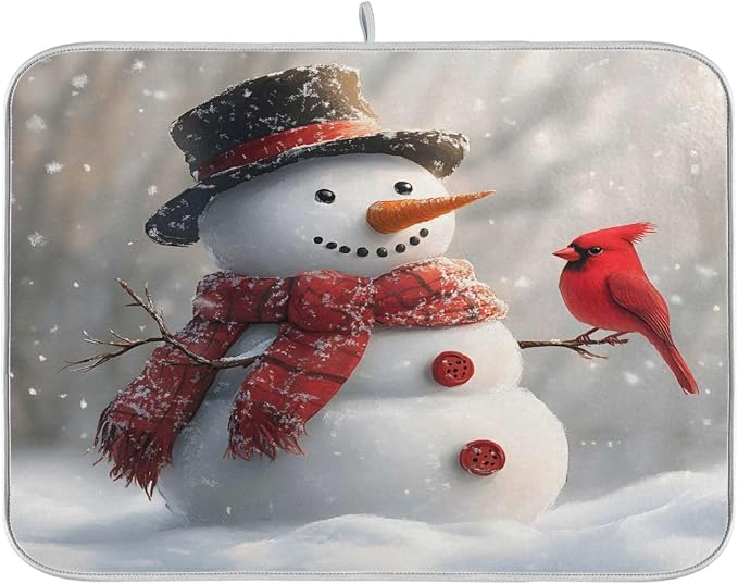 Snowman Cardinal Bird Absorbent Dish Drying Mat, Dishes Drainer Protector Pad Pot Holder for Kitchen 18 x 24 Inch