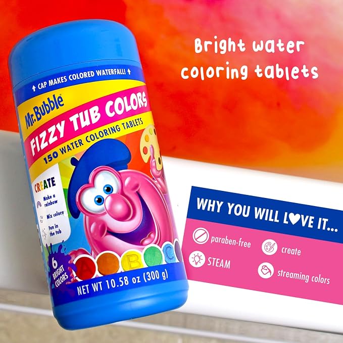 Mr. Bubble Fizzy Tub Colors Bath Water Coloring Tabelets, 6 Bright Colors, Red, Orange, Yellow, Purple, Blue and Green, Fragrance Free, Cap Makes Colorful Waterfall (3 Jars, 450 Tablets)