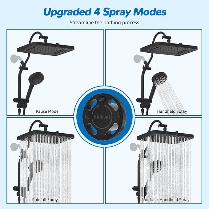 Hibbent cUPC Certified 13'' Shower Head Combo, High Pressure 5 Spray Rainfall Showerhead, 10 Spray Mode Handheld, All Metal Easy Reach 4-way Diverter Arm with Pause Mode, 71'' Hose and Holder, Black