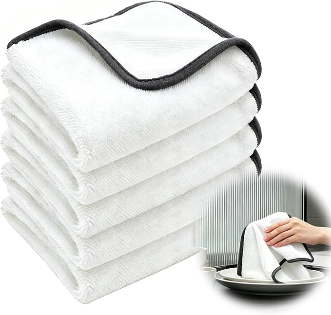 Shiny Cleaning Cloths White Dual-Sided, Drying Dish Towels, 5pcs 12"x10" Ultra Absorbent Quick Drying Dish Towels, Streak Free Reusable Wash Cloths, Microfiber Lint-Free Wipes for Dishes, Sink & Glass