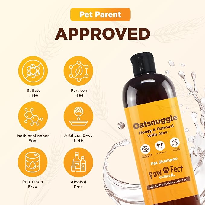 Honey & Oatmeal 16.9 oz Pet Shampoo for Dogs, Natural Formula with Colloidal Oatmeal, Aloe & Honey - Relieves Itchy Dry Skin, No Sulfates or Parabens, Gentle, Chamomile Scented