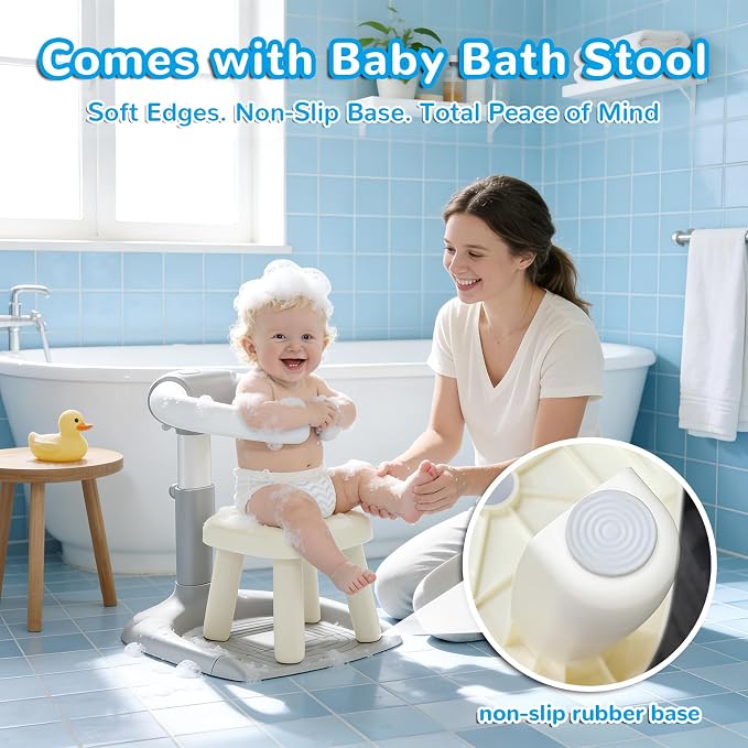 Baby Shower Stand with Seat - Adjustable Height Shower Standing Bath Support | Baby Bath Stand Soporte para Bañera de Bebé | Toddler Shower Stand Assist Holder for 8-36 Months