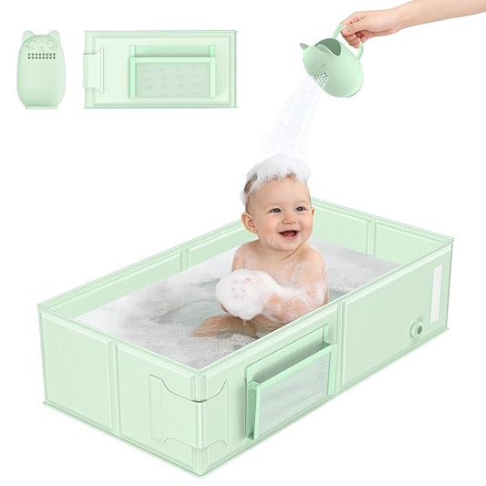 Baby Bathtub, Converts Shower to Tub, Foldable Toddler Tub with Cat Pattern Bath Rinse Cup, No Assembly Easy to Clean, Portable Collapsible Bath Tub for 6M-5Y, Ideal Gift for Baby Registry Search