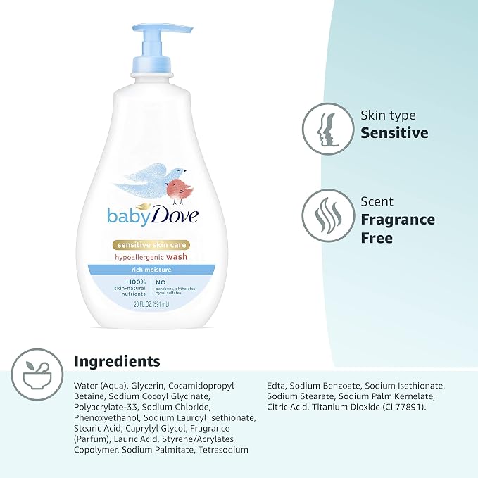 Baby Dove Sensitive Skin Care Baby Wash For Baby Bath Time Rich Moisture Tear-Free and Hypoallergenic, 20 oz (Packaging May Vary) (Pack of 2)