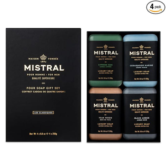Mistral Men’s Luxury Bar Soap for Men | Gift Set (4 x 8.8 oz) – Cypress Oak, Cedarwood Marine, Teak Wood, Black Amber | Moisturizing, Triple-Milled Natural Soap for Men | Made in France
