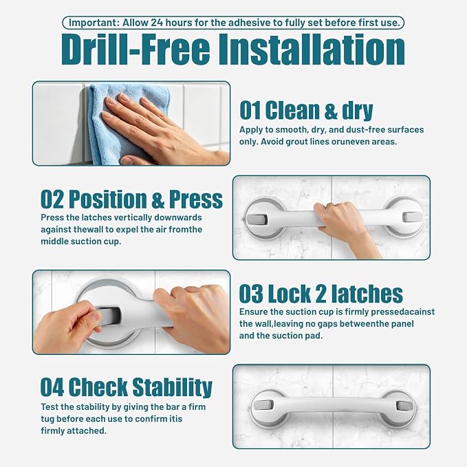 Shower Handles for Elderly Suction, Shower Grab Bar, Suction Grab Bars for Shower 2 Pack 16 Inch, Bathroom Grab Bars for Seniors, Shower Grab Bars Suction Heavy Duty, Waterproof No Drilling