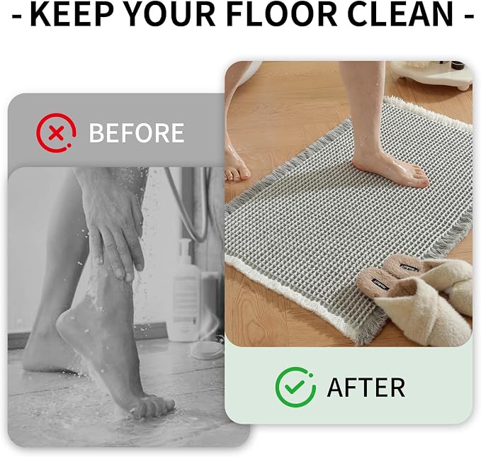 Waffle Bath Mat - Super Water Absorbing Bath Mat Quick Dry, Bathroom Rugs Non Slip Washable, Rubber Backed Bathroom Mat for Bathroom Floor, Tub and Shower, 24" x 36", Light Grey & White