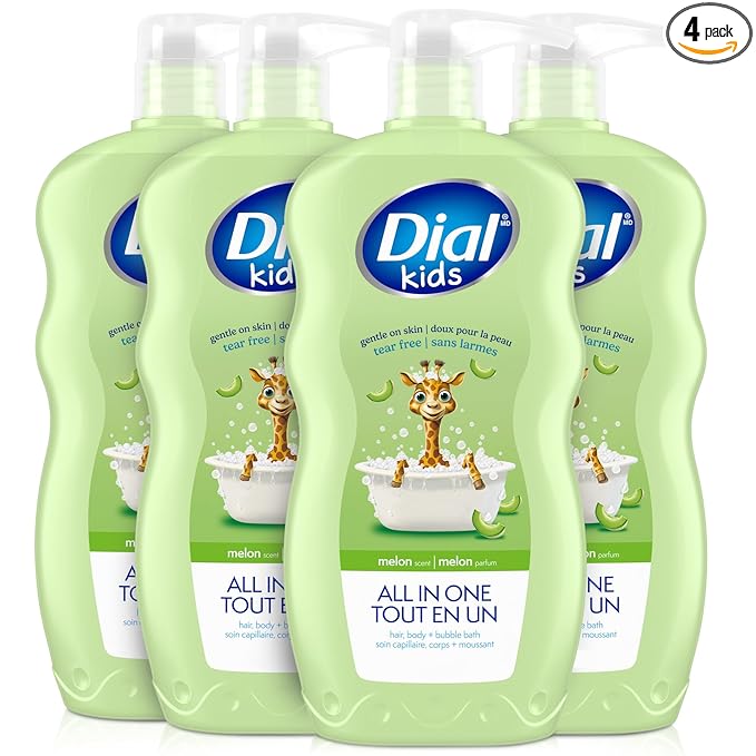 Dial Kids All-in-1 Body Wash + Hair + Bubble Bath, Melon Scent, 24 Fl Oz, Pack of 4, Hypoallergenic Body Wash & Shampoo, No Tears Formula for Kids 2+ Years, No Parabens & Silicones