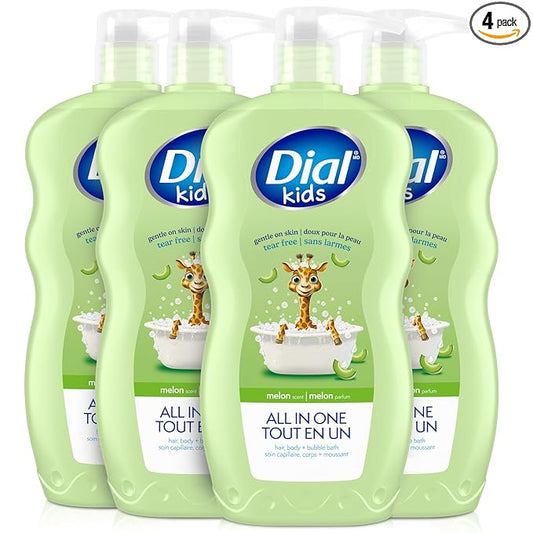 Dial Kids All-in-1 Body Wash + Hair + Bubble Bath, Melon Scent, 24 Fl Oz, Pack of 4, Hypoallergenic Body Wash & Shampoo, No Tears Formula for Kids 2+ Years, No Parabens & Silicones