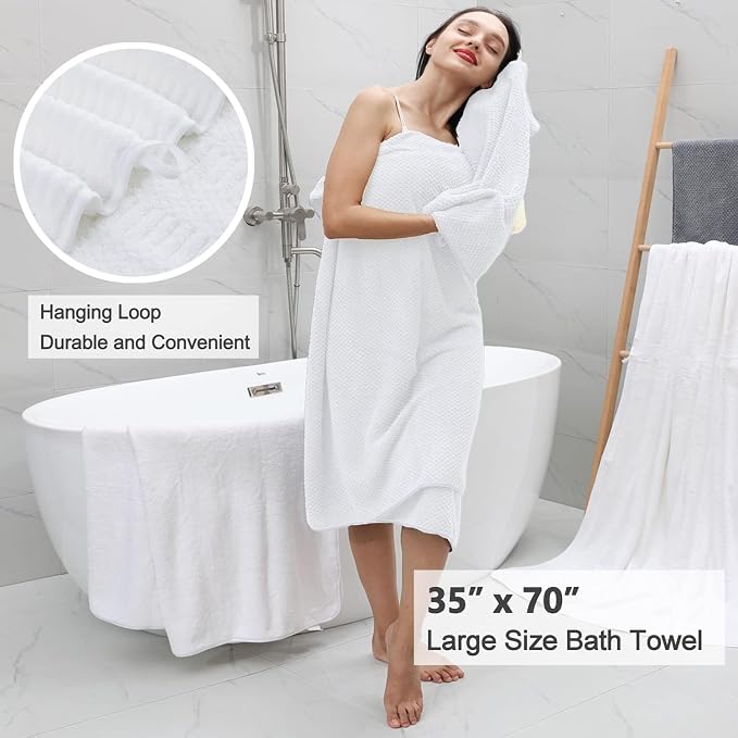 8 Pcs White Oversized Bath Towel Set-2 Extra Large Bath Sheets,2 Hand Towels,4 Washcloths Soft Bathroom Towels Highly Absorbent Quick Dry Beach Chair Towels Woven Towels for Hotel and Spa